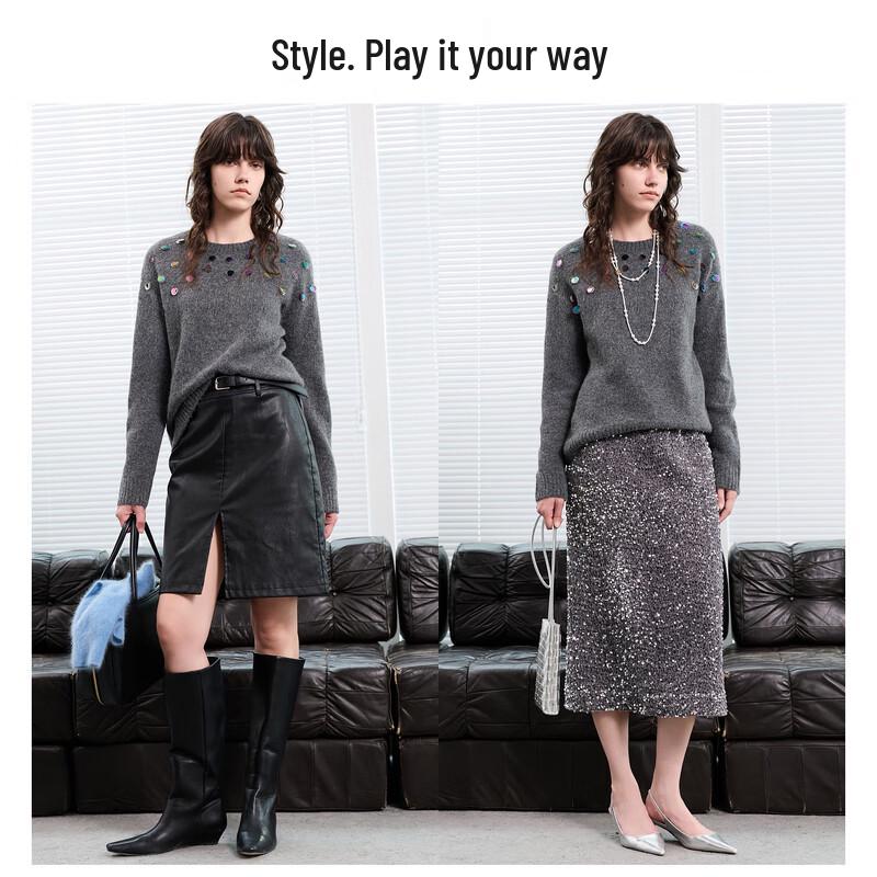 Sancai Women's Sequin Knit Round Neck Sweater