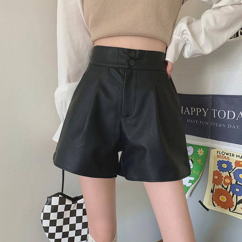 

Women s Fall Outer Wear High Waisted Slimming A-Line Wide Leg PU Leather Shorts Fall Winter Mini Shorts Versatile Slim Fit Hot Pants XS