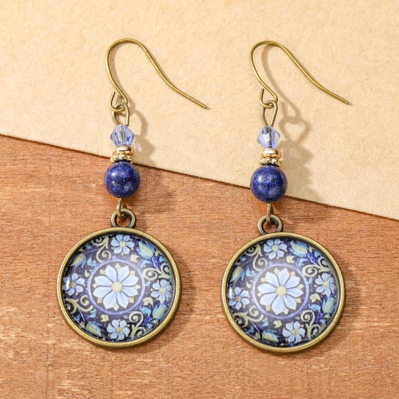 Böhmischer Ethnischer Stil Blumenmuster Runde Platte Damenohrringe Vintage Schmuck Feiertagsjubiläum Geschenk Zubehör