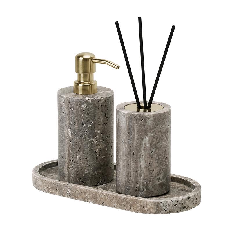 Set da Bagno Travertino Grigio Argento Wabi-Sabi: Vassoio e Decorazione per Lavabo.