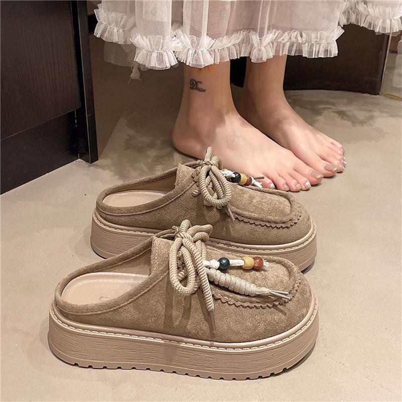Baotou Half Slippers Women's Thick Soles 2025 New Heightening Birkenstock Slippers Retro Ethnic Style One-pedal Lazy Shoes