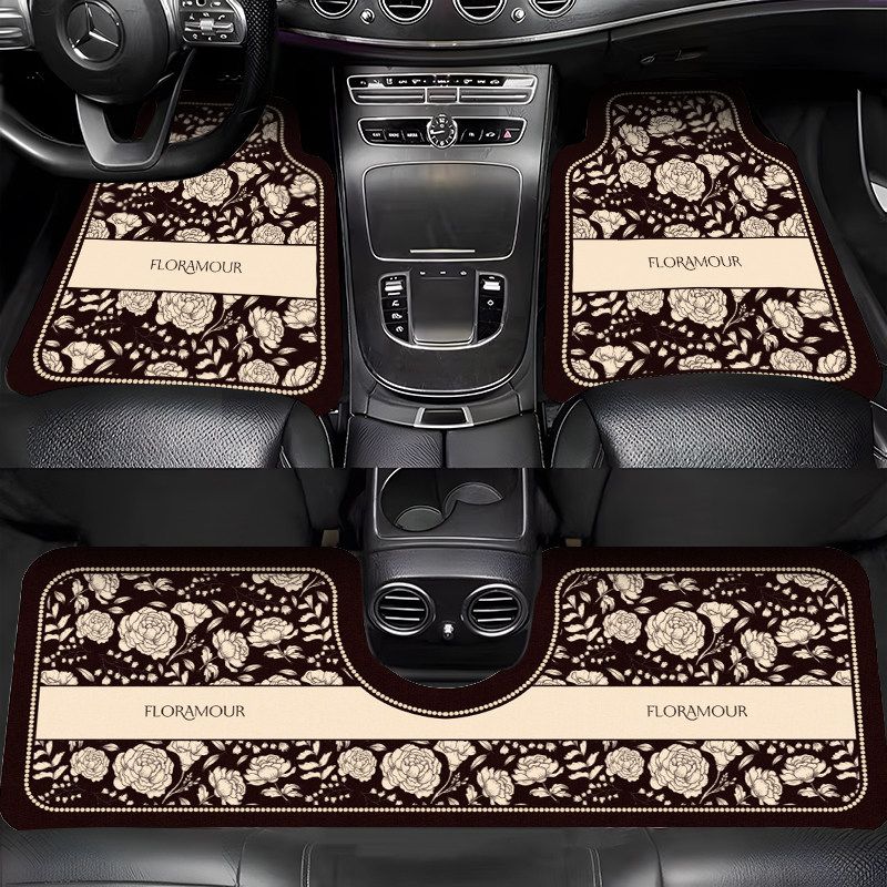 Mats, Retro French-Style Interior Decorative Mats, Non-Slip, Water-Absorbent, Easy-To-Clean Mats, Can Be Cut to Fit, Semi-Enclosed Car Floor Mats