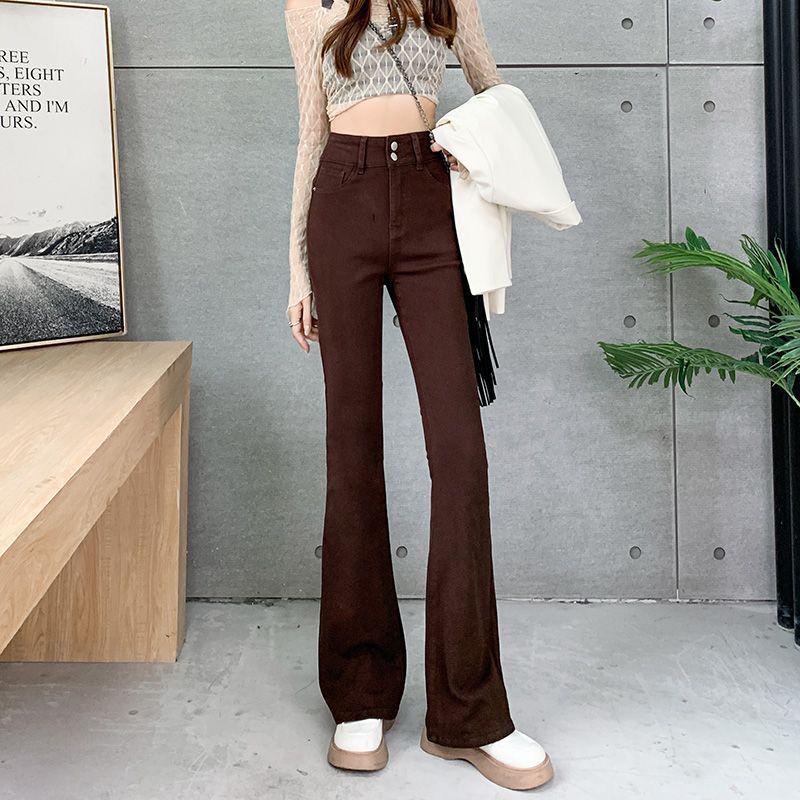 Women's High Waist American Style Brown Flare Jeans, Plus Size, Slimming Bell Bottom - Perfect for 2025 Spring/Autumn Trends.