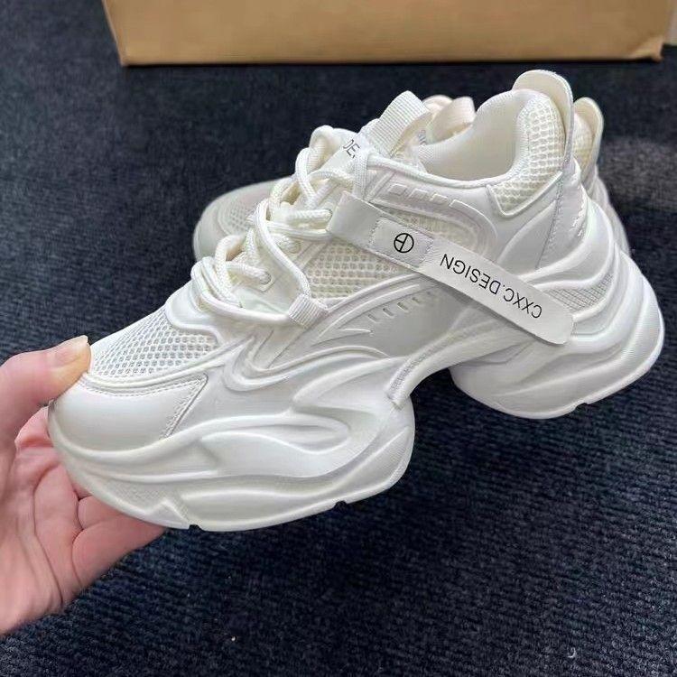 JDNVH Platform Dad Shoes Women's Inner Height Increase 2025 New Spring Mesh Breathable Women's Shoes Little White Sports Shoes Women