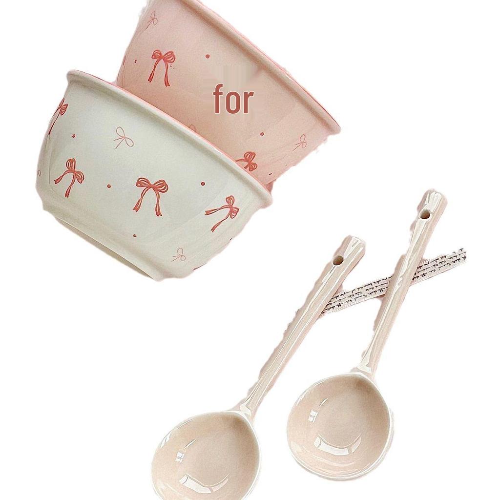 Affascinante Set di Ciotola e Piatto in Ceramica con Fiocco - Stoviglie Carine per Yogurt e Noodles Istantanei