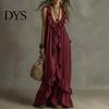 Pleated Dress Women Bohemian Long Summer Ruffle Deep V Neck Sleeveless Swing Solid Color Loose Casual Beach Vacation Maxi