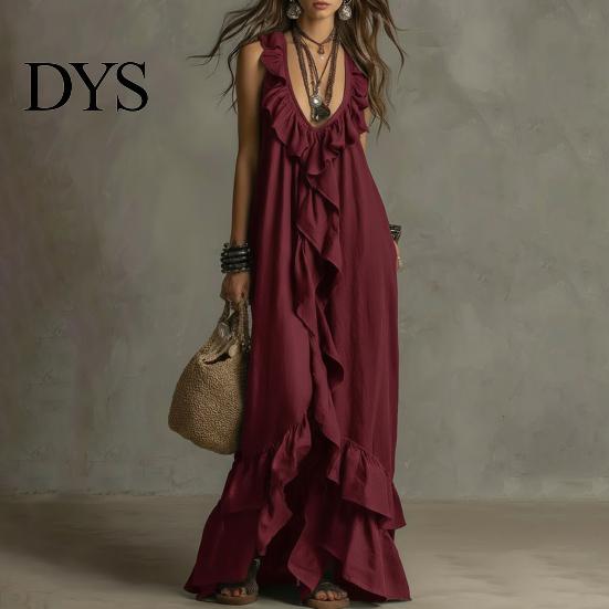Pleated Dress Women Bohemian Long Summer Ruffle Deep V Neck Sleeveless Swing Solid Color Loose Casual Beach Vacation Maxi