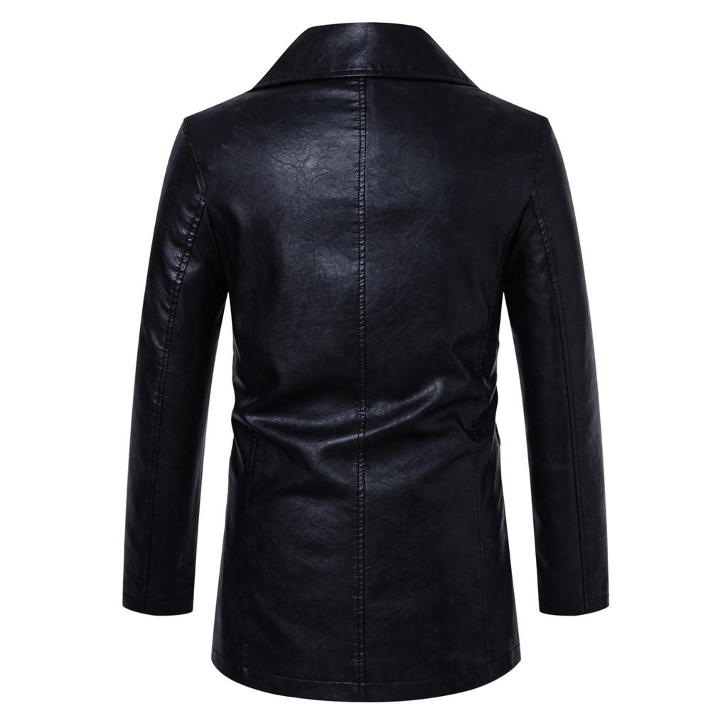 European size medium and long trench coat men's lapel leather jacket double-breasted slim-fitting European and American coat coat men