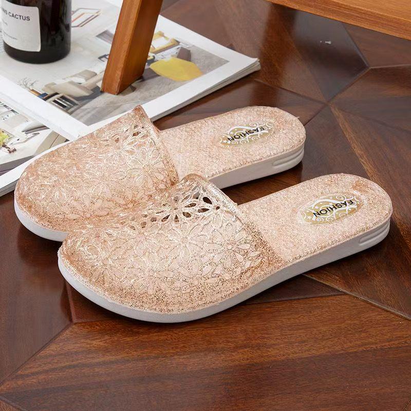Women's Summer New Baotou Hollow Out Crystal Slippers Soft Sole Non Slip Breathable Home Slippers Outdoor Beach Jelly Slippers