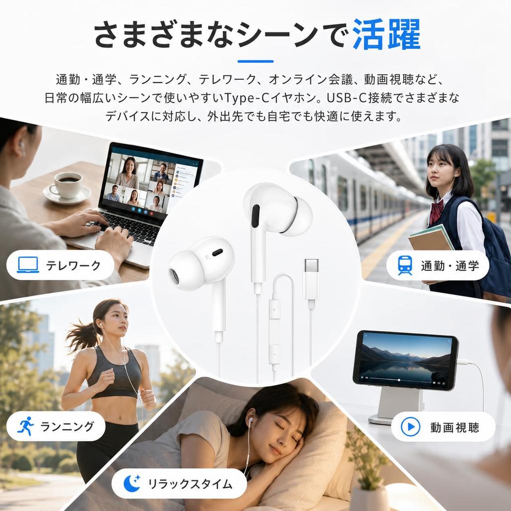 Wired Type-C Earphones with HiFi Sound, Microphone, Hands-Free Calling, Volume Control, Stereo Earbuds, High-Sealing, Noise-Isolating, Remote