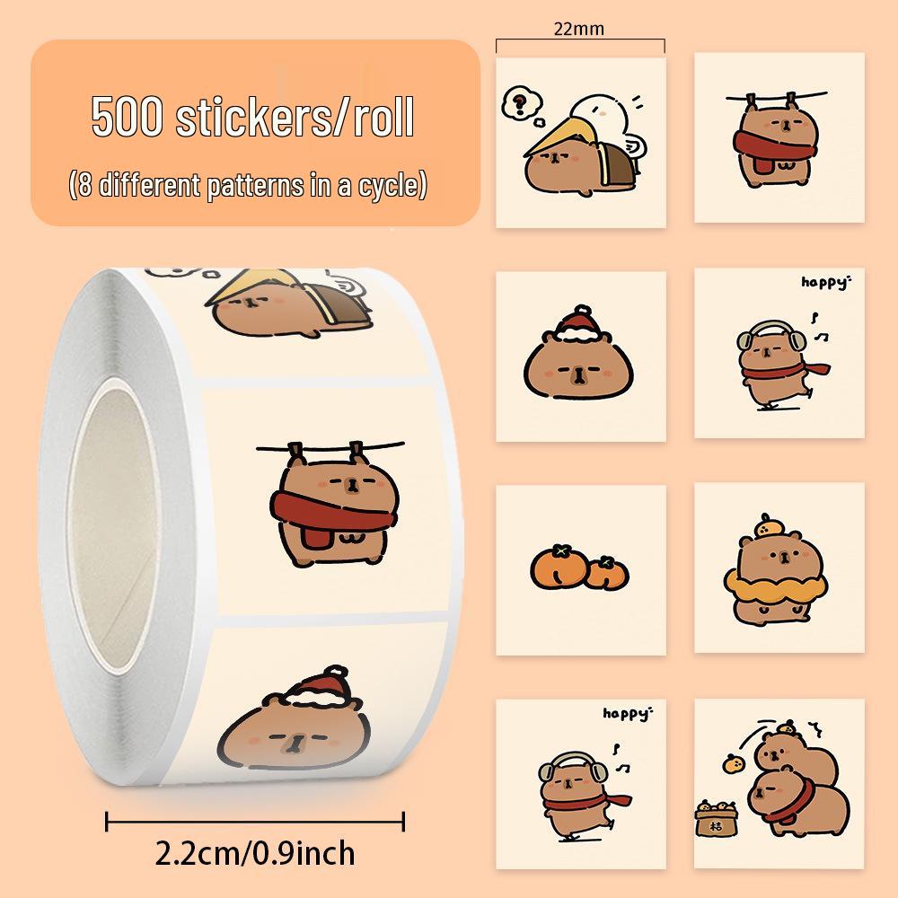 Capybara Die-Cut Sticker Roll: 500 Cute Cartoon Journal Sealing Stickers