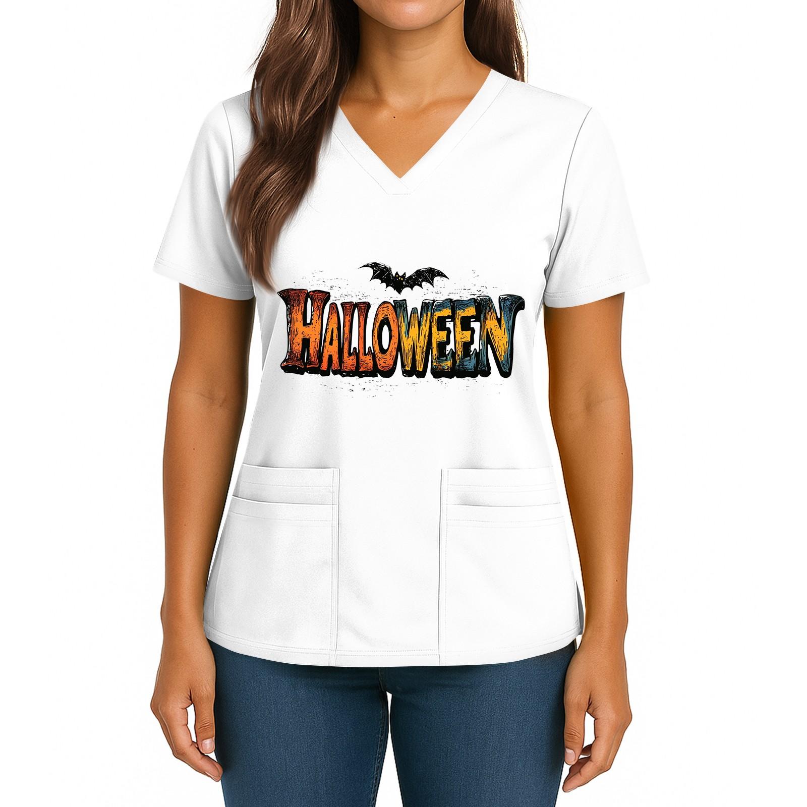 

Women s Halloween Printed V-Neck Double Pocket Short Sleeves Hem Slit Uniform Caregiver Top XL