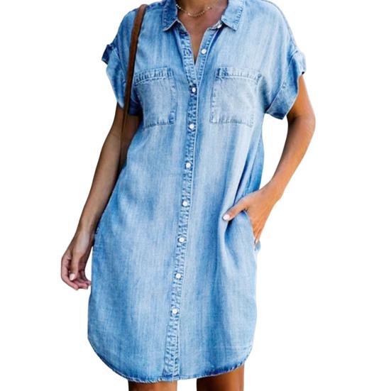 Ladies Dress Button Pocket Short Sleeve Lapel Solid Color Daily Wear Single-breasted Side