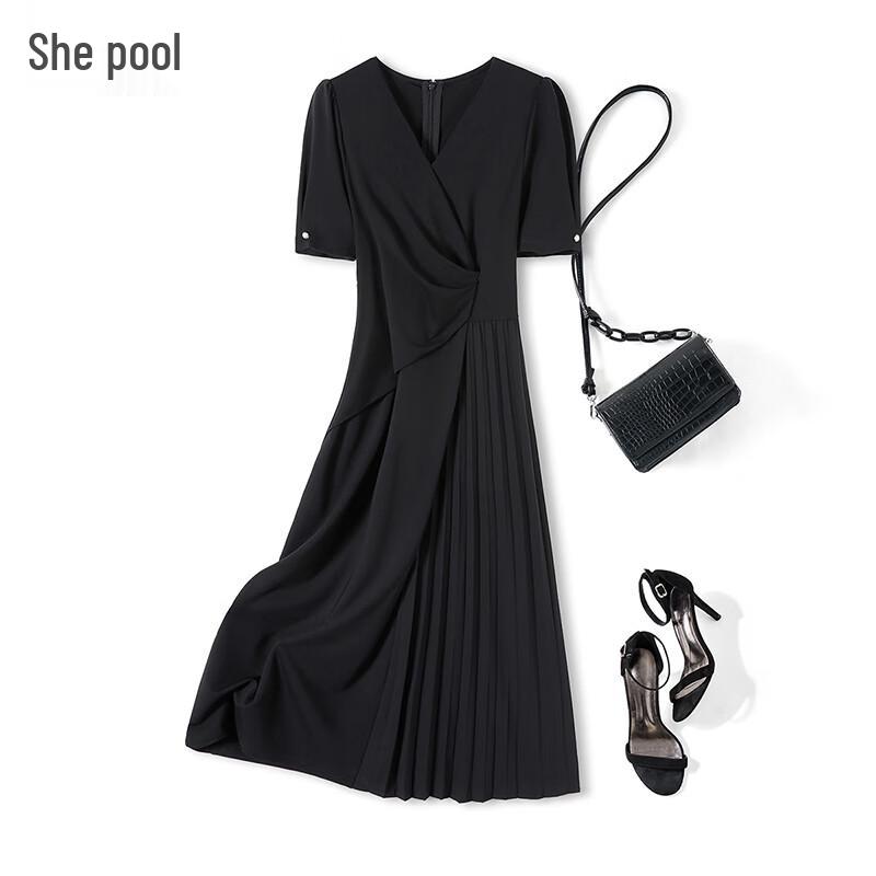 Tachi French Style V-Neck Pleated High-Waist A-Line Midi Dress S