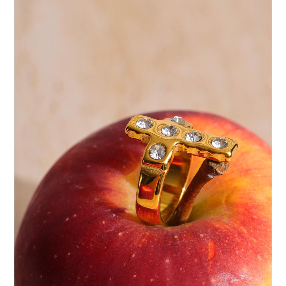 Eetit Size 7 Shiny Cubic Zirconia Cross Fashion Casting Ring for Women Golden PVD Stainless Steel Premium Jewelry Rust Proof