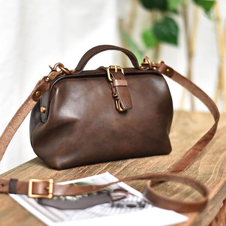 Geantă vintage pentru doctor, din piele naturală, pentru femei, genți de umăr și crossbody, de culoare solidă, simplă, din piele de vacă
