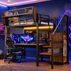 Letto Alto 90x200 con Striscia LED, Scala di Sicurezza e Spazio di Archiviazione Flessibile Letto in Metallo Letto per Adulti Letto a Castello per Bambini Nero