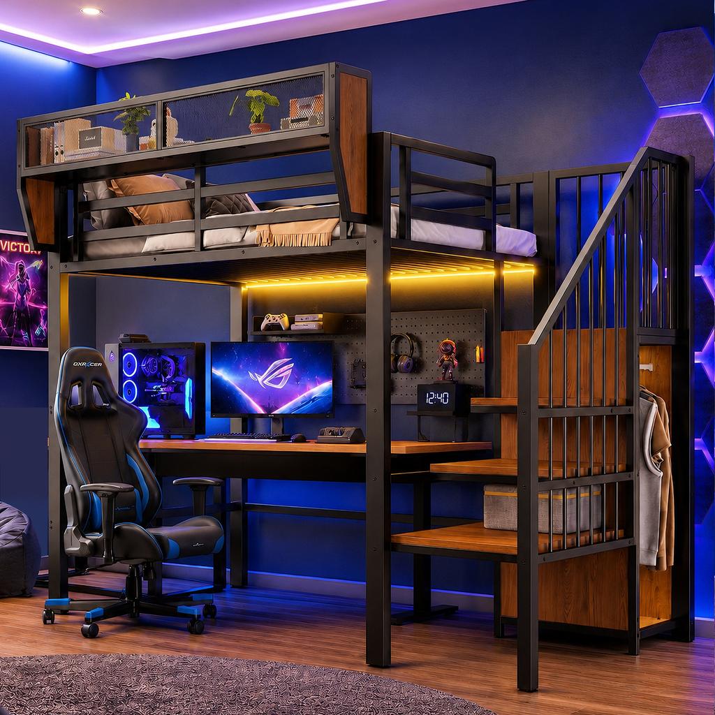 Letto Alto 90x200 con Striscia LED, Scala di Sicurezza e Spazio di Archiviazione Flessibile Letto in Metallo Letto per Adulti Letto a Castello per Bambini Nero