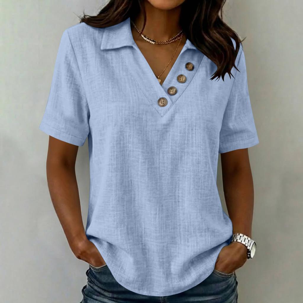 Women Casual Loose Fit Short Sleeve Top V Neck Button Detail Lightweight Summer Blouse Comfortable Everyday Wear