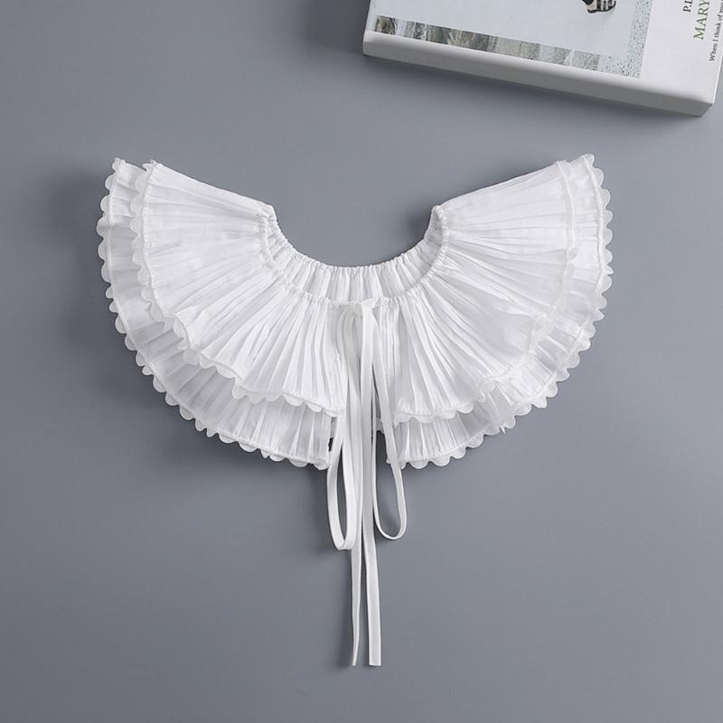 Korean Style Women Double Layer Pleated False Collar Shawl Scalloped Lace Trim White Half Shirt Lace-Up Poncho Capelet