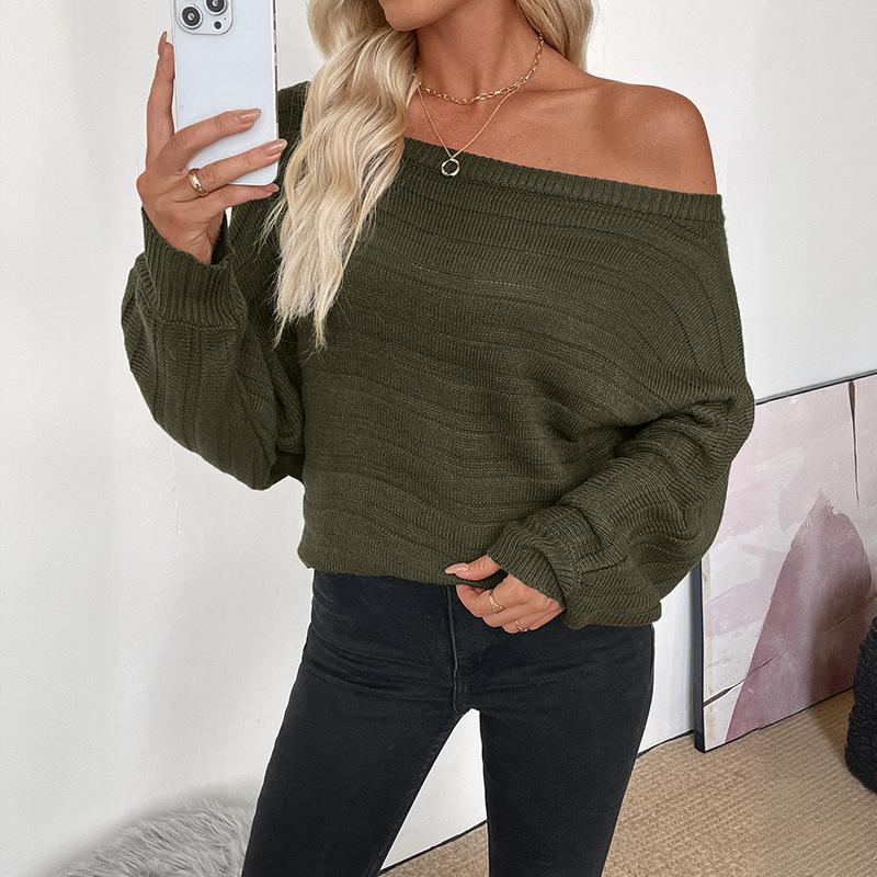 Autumn Winter Loose Casual Solid Color Off the Shoulder Sweater Women All-match Bottomed Knitting Pullover Top