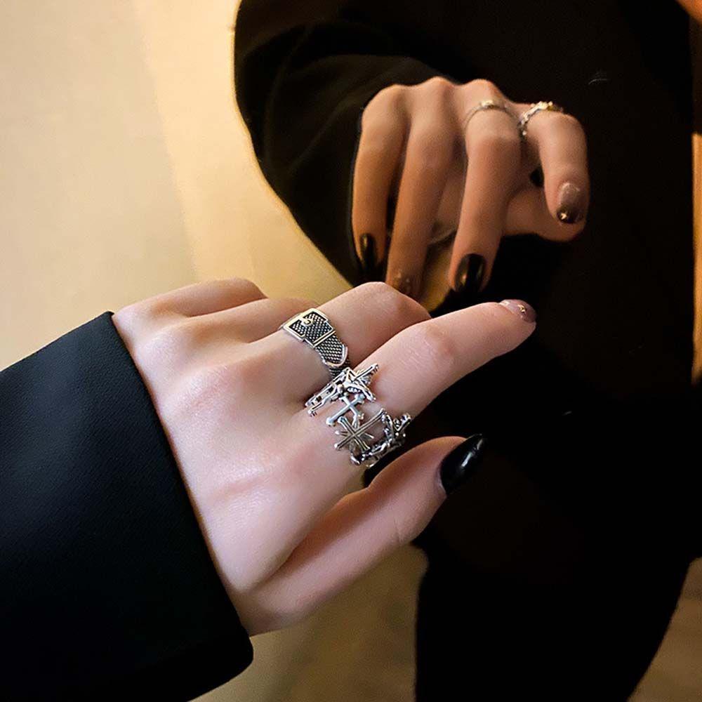 Cross Retro Hollowed Hip Hop Punk Women Rings Open Rings Korean Finger Rings Copper Plated Platinum