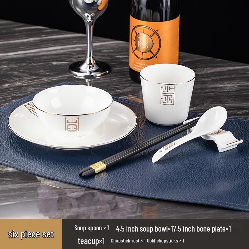 Luxury Wear-Resistant Gold Rim Bone China Dinnerware Set for Hotels and Restaurants - Includes Bowls, Plates, Spoons, Cups, and Chopsticks