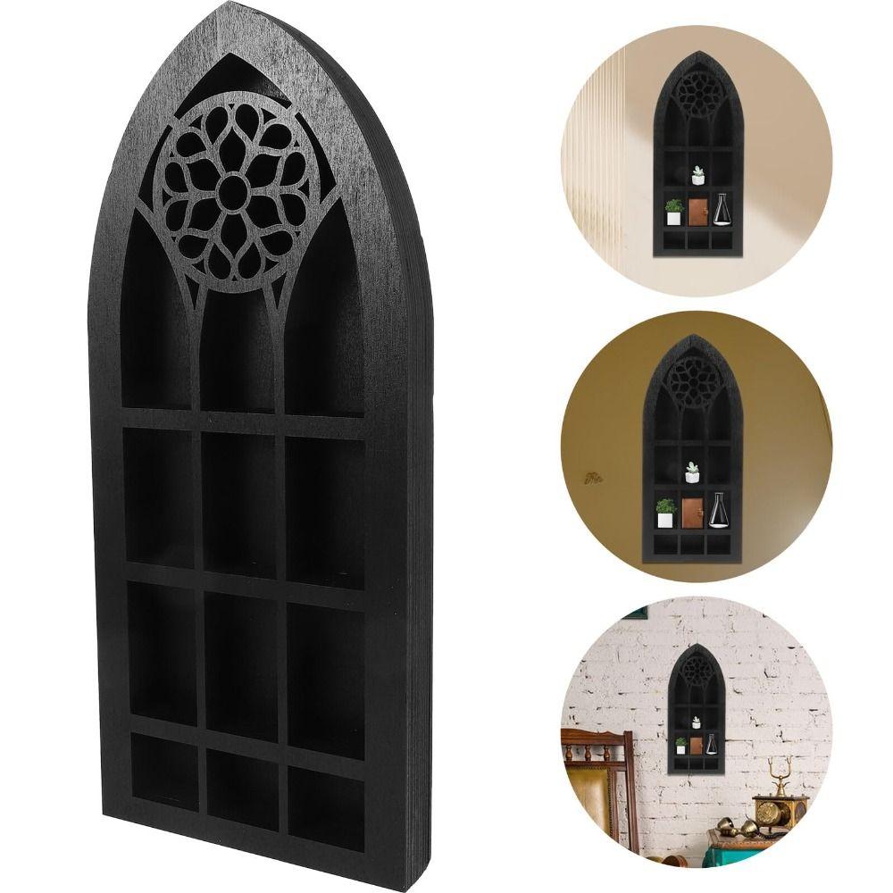 Gothic Design Old Church Window Shelf Black Finish Crystal Wall Shelf  Living Room