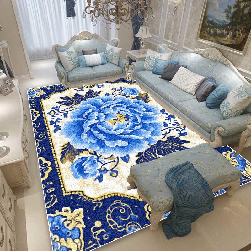 Blue Floral European Style Rugs Living Room Decoration Large Area Carpet Sofa Area Bedroom Cloakroom Non-slip Washable Floor Mat