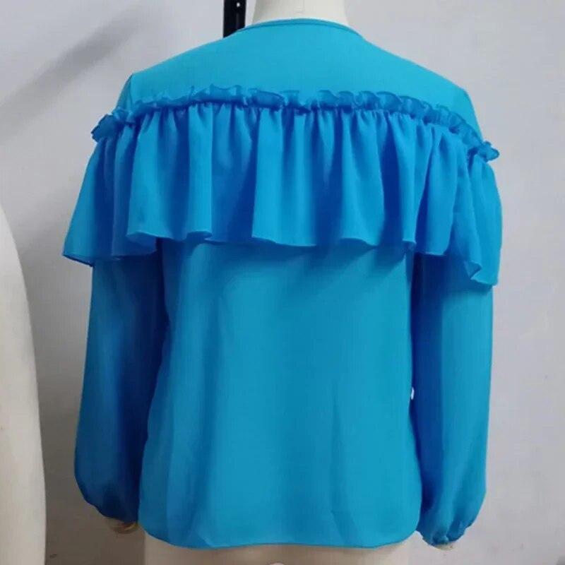 Ležérní módní skládané kancelářské topy Volánkový šifonový halenka s výstřihem do V Dámská jednobarevná košile s dlouhým rukávem Dámské elegantní topy 29087