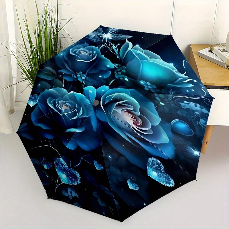

Blue Roses, Glowing Hearts Automatic folding umbrella simple eight rib design, bright color pattern, durable iron frame, ideal for travel a