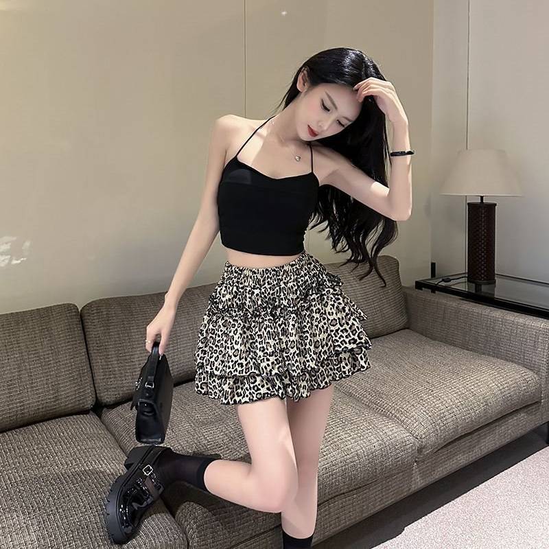 Leopard Print High Waist Mini Skirt With Pleated Design For Summer Fashion