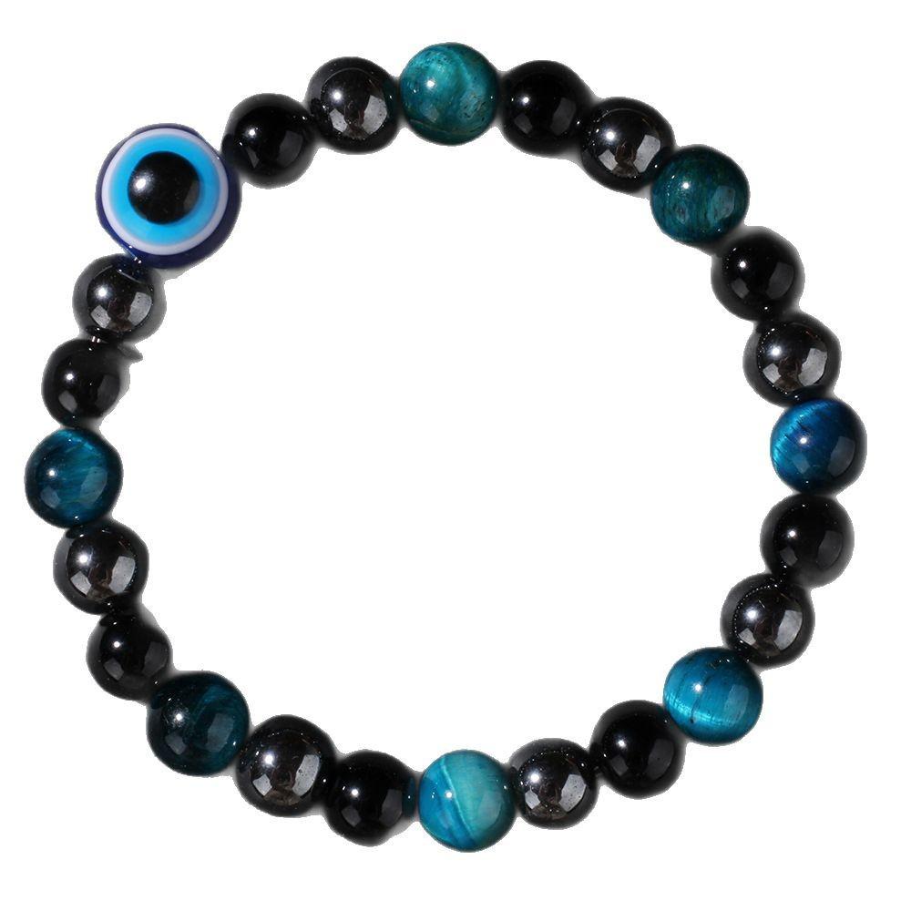 Triple Protection Bracelet  Blue Tigers Eye Black Bile Obsidian Evil Eye Beaded Bracelet Handmade Stretch Beaded Bracelets