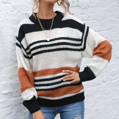 Women's Striped Pullover Sweater Autumn and Winter Sweater Bottom Sweater Knit Sweater Round Neck Sweater