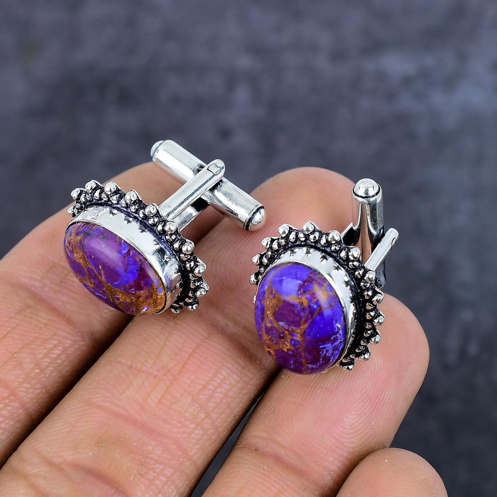 Copper Purple Turquoise Handmade 925 Sterling Silver Cufflinks H7l05