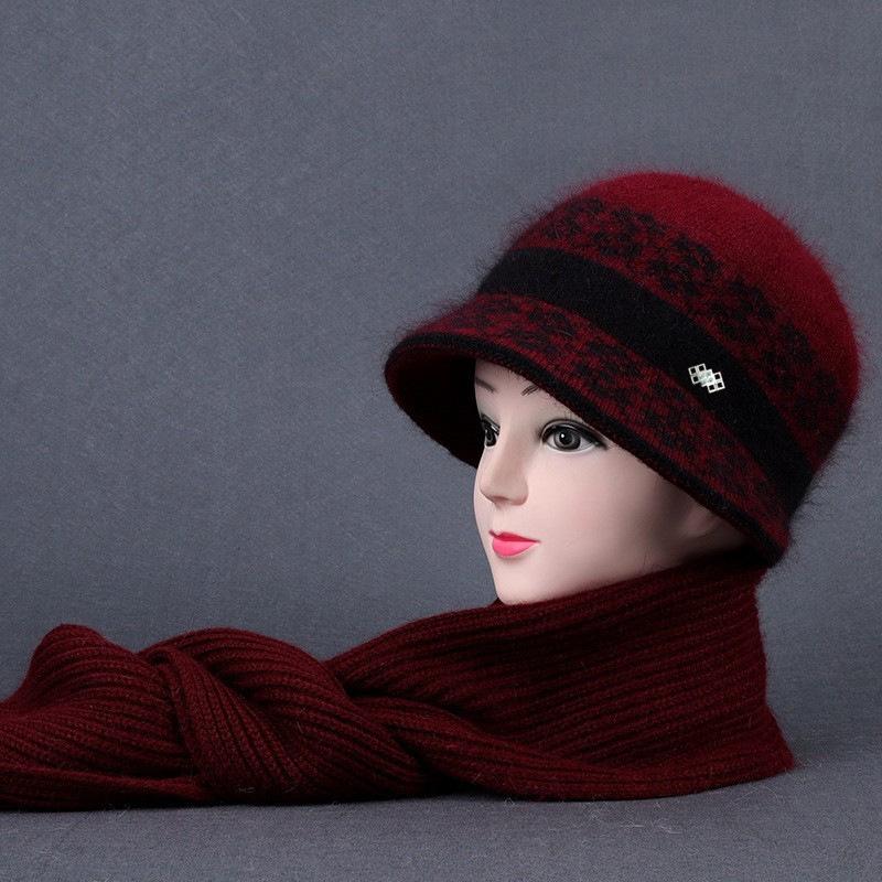 Autumn and winter middle-aged big eaves mother fisherman hat scarf piled thickened warm fashion wool knitted hat women