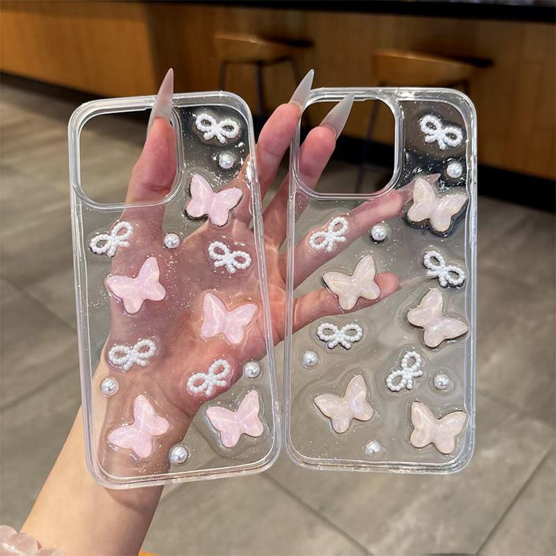 Bow Tie Butterfly Pearl Glitter Mobile Phone Case Is Suitable For Apple 16Promax Transparent Iphone17 Small Fresh And Fashionable