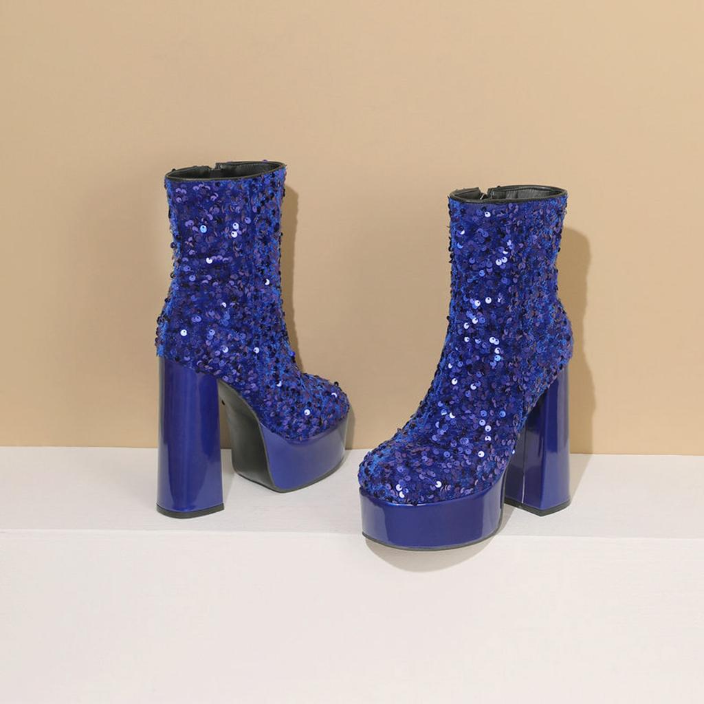 Damen Seitlicher Reißverschluss Silberne Western Cowboystiefel Retro Mode Schwarze Stiefel Plateau Stiefel Reißverschluss Chunky Absatz Schnalle Vintage Mode