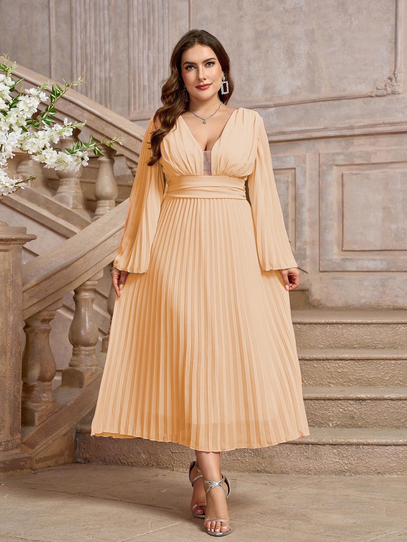 Plus Size Women s Sexy V-Neck Pleated Long Sleeve Chiffon Gown 4XL