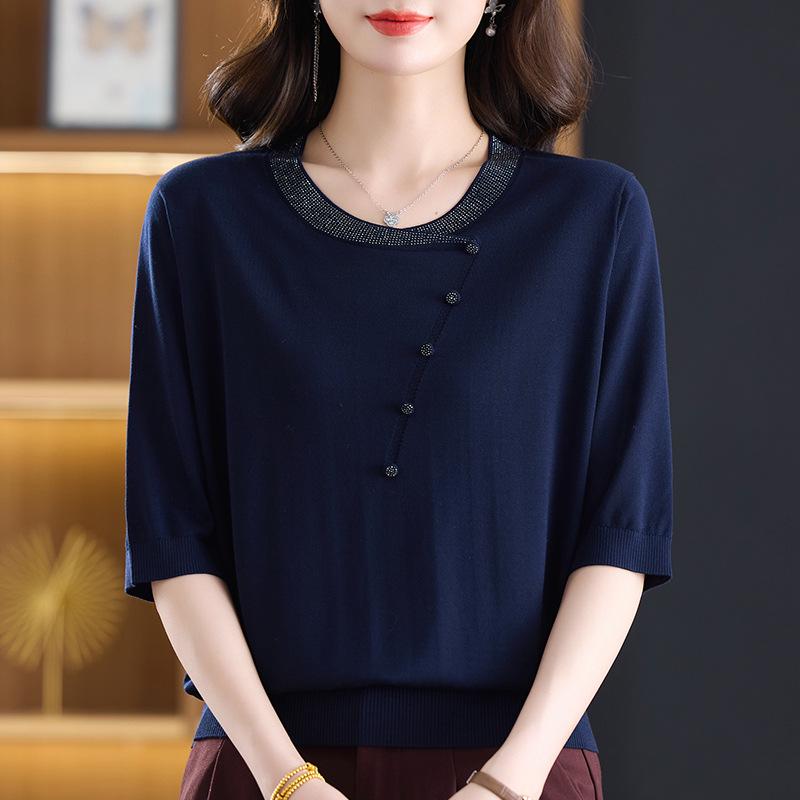 

Round Neck Mid-Sleeve Knitted Top with Rhinestones - Stylish Spring/Summer Loose T-Shirt for Middle-Aged and Elderly Women 3XL (Recommended 120-135 jin)