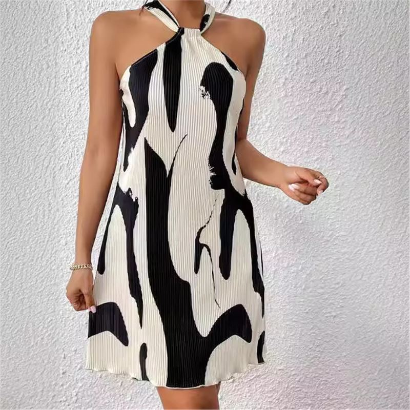 Spring and Summer Printed Sexy Off-shoulder Lace-up Loose Women s Dress Ladies S бежевый