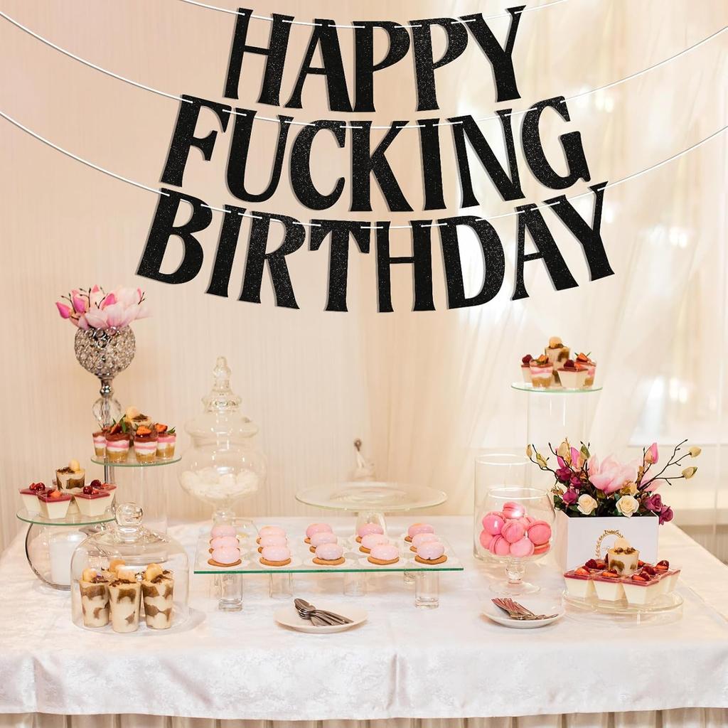 Happy Fucking Birthday Banner, Funny Birthday Party Decorations for Adult, Happy 16th 18th 20th 30th Birthday Bunting, Funny Birthday Sign Black