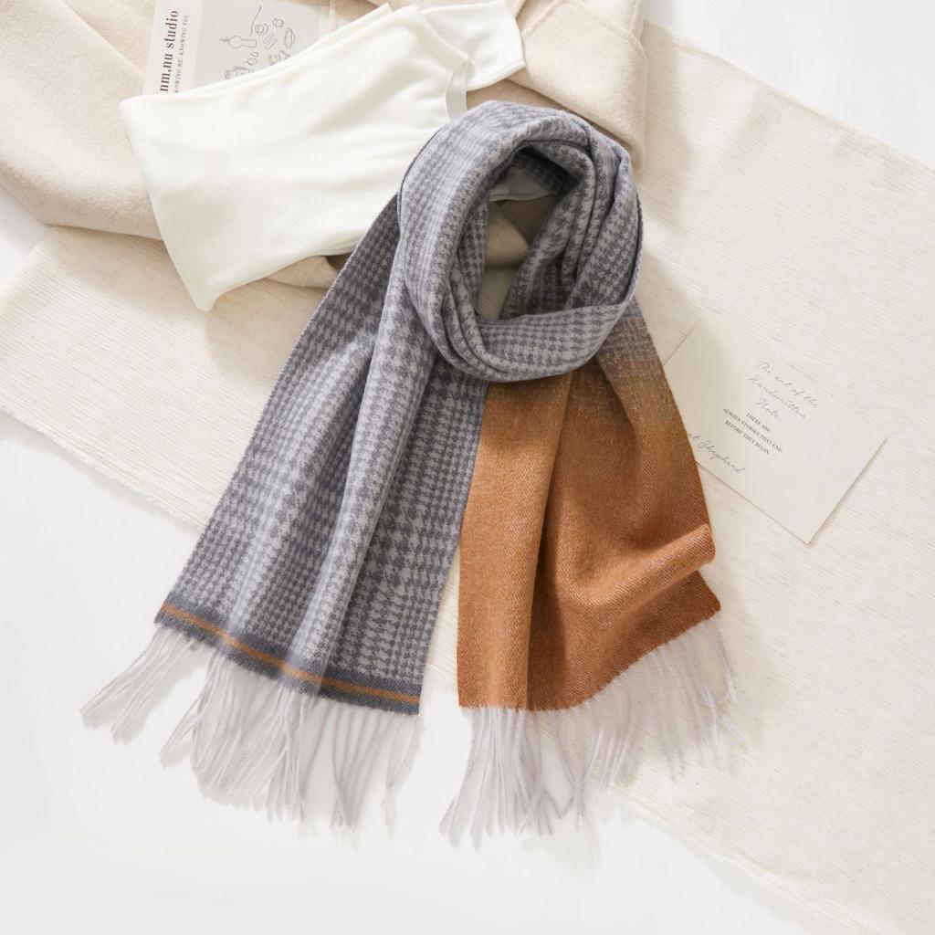 30*190CM Luxury Ombre Houndstooth Wool Scarf - 100% Pure Cashmere Feel Wrap, Women's Winter Plaid Neckwear, Multi-purpose Shoulder Shawl