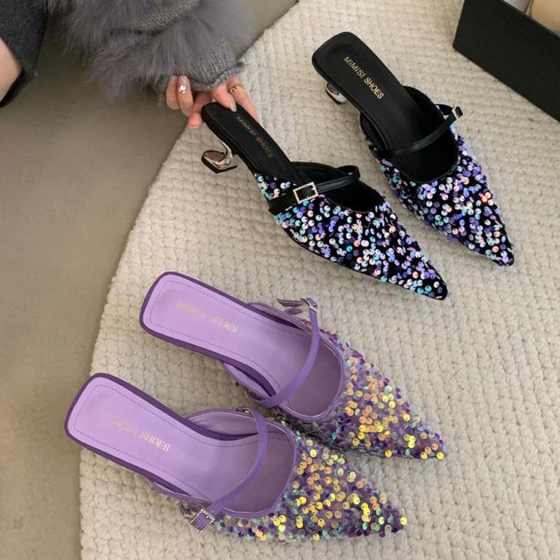 Luxury Colorful Bling Designer Slide Sandals Women 2025 Summer Sexy Pointed Toe Women Slippers Elegant Low Heeled Mules Loafers