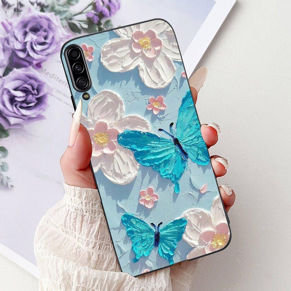 For Samsung Galaxy A90 5G Phone Case For Samsung A90 5G SM-A908B Elegant Floral Cat Painted Black Silicone Soft TPU Cases