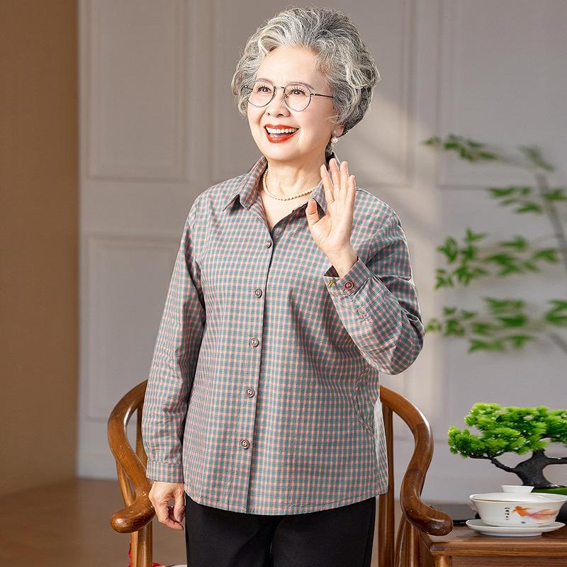 Pure Cotton Plaid Long Sleeve Shirt for Women - Maternity & Elderly Spring/Autumn Wear