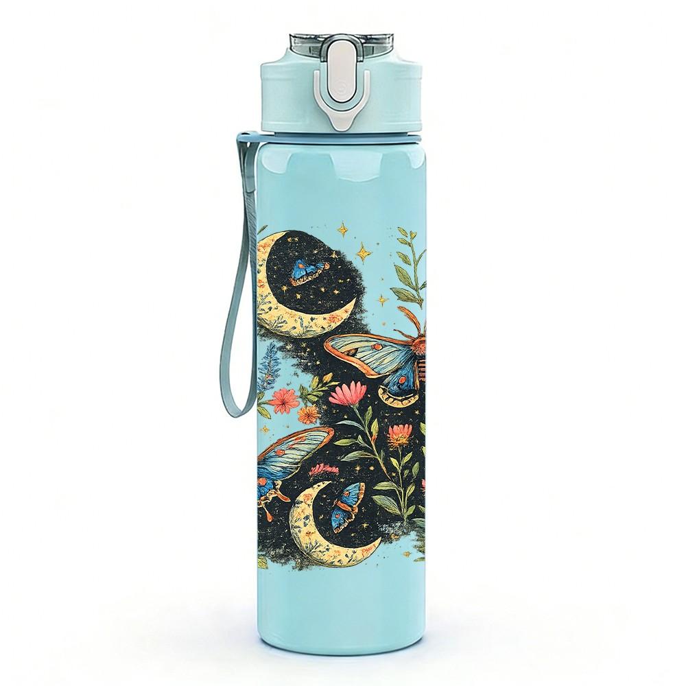 1PC Bohemian Folk Art Character Print 750ml Color Plastic Sports Water Bottle Leakproof Flip Straw Lid Suitable for Sports Office Home Use