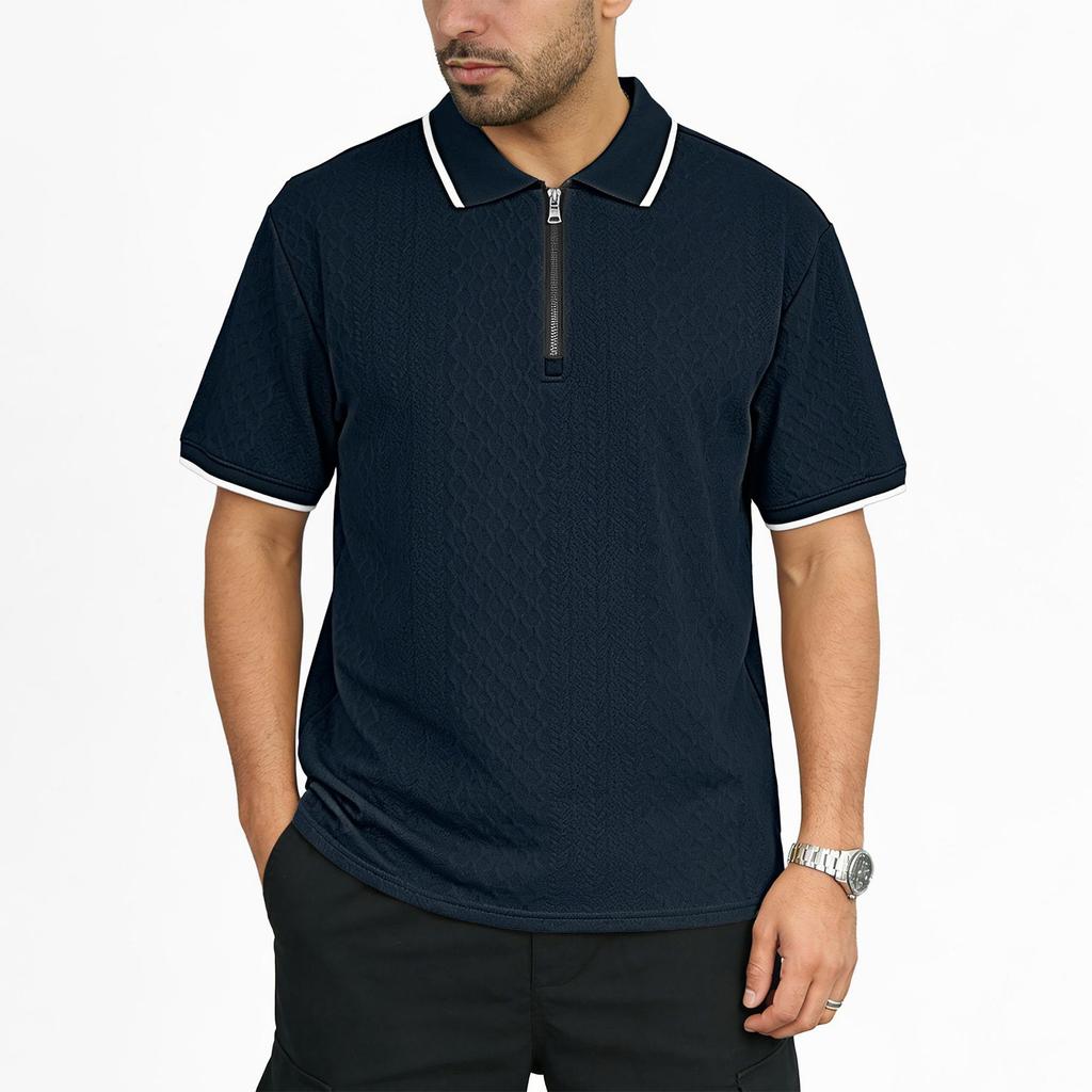 Men's Short Sleeve Polo Shirt with Zipper Collar Classic Fit Lightweight Knit Top for Everyday Wear