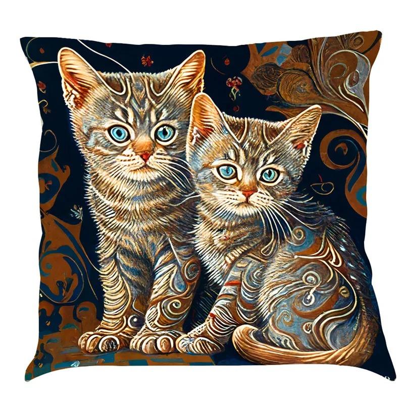 Nordic Style Peacock Cat Puppy Oil Painting Print Pillowcase 45x45 Cm Living Room Sofa Cushion Cover Bedroom Home Decoration