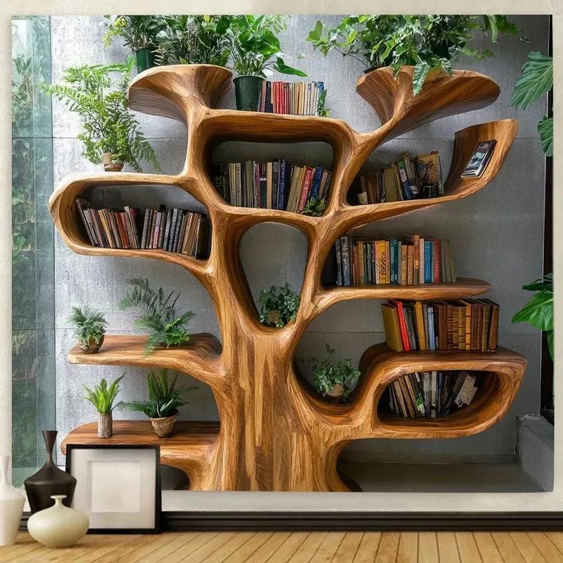 Arazzo Libreria ad Albero 3D, Scaffali in Legno Creativi con Piante Tessuto per Pareti per Stanza Estetica & Decorazione Casa